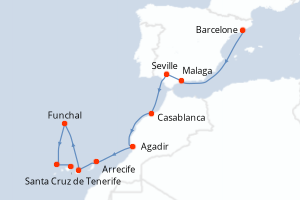 carte itinéraire croisière Iles Canaries 10 jours au départ du port de Barcelone