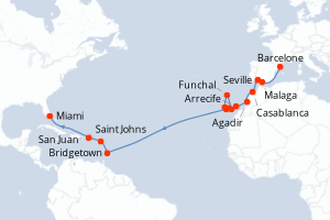 carte itinéraire croisière Transatlantique 22 jours au départ du port de Barcelone
