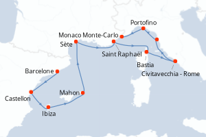 carte itinéraire croisière Méditerranée 10 jours au départ du port de Barcelone