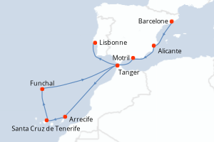 carte itinéraire croisière Atlantique 10 jours au départ du port de Barcelone