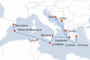 carte itinéraire croisière Sicile 11 jours au départ du port de Le Piree - Athenes