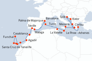 carte itinéraire croisière Iles Canaries 21 jours au départ du port de Le Piree - Athenes