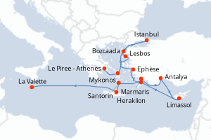 carte itinéraire croisière Méditerranée 14 jours au départ du port de Le Piree - Athenes