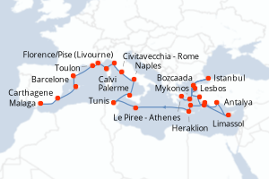 carte itinéraire croisière Sicile 26 jours au départ du port de Le Piree - Athenes