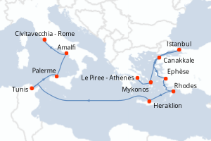 carte itinéraire croisière Sicile 12 jours au départ du port de Le Piree - Athenes