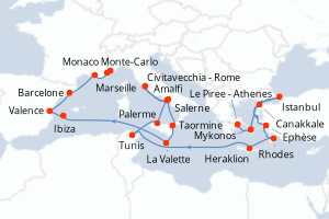 carte itinéraire croisière Sicile 22 jours au départ du port de Le Piree - Athenes