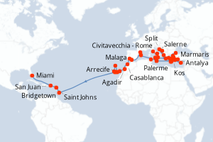 carte itinéraire croisière Tour du Monde 56 jours au départ du port de Civitavecchia - Rome