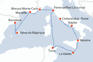 carte itinéraire croisière Sicile 10 jours au départ du port de Civitavecchia - Rome