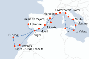 carte itinéraire croisière Atlantique 20 jours au départ du port de Civitavecchia - Rome