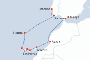 Carte de l'itinéraire de croisière Malaga-Lisbonne d'une durée de 10 jours