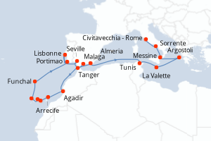 carte itinéraire croisière Sicile 22 jours au départ du port de Malaga
