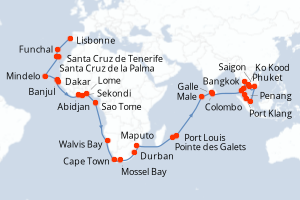 carte itinéraire croisière Asie 59 jours au départ du port de Lisbonne