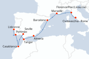 carte itinéraire croisière Méditerranée 14 jours au départ du port de Lisbonne