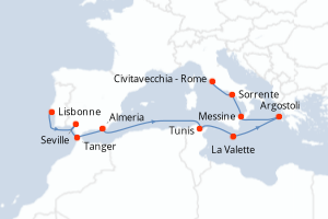 carte itinéraire croisière Sicile 12 jours au départ du port de Lisbonne