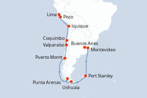 Carte de l'itinéraire de croisière Buenos Aires-Lima d'une durée de 18 jours