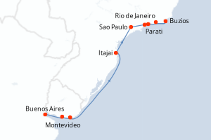 Carte de l'itinéraire de croisière Buenos Aires-Rio de Janeiro d'une durée de 10 jours