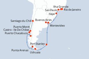 carte itinéraire croisière Amérique du Sud 24 jours au départ du port de Rio de Janeiro