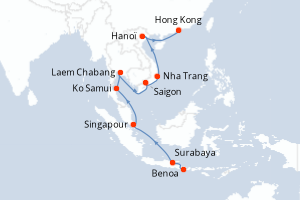 carte itinéraire croisière Asie 18 jours au départ du port de Benoa