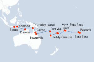 carte itinéraire croisière Tahiti 25 jours au départ du port de Benoa