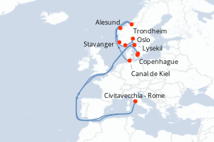 Carte de l'itinéraire de croisière Canal de Kiel-Copenhague d'une durée de 12 jours