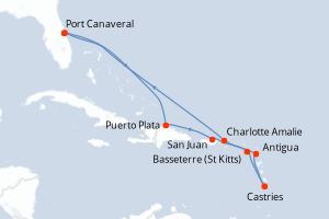 Carte de l'itinéraire de croisière Port Canaveral-Port Canaveral d'une durée de 10 jours