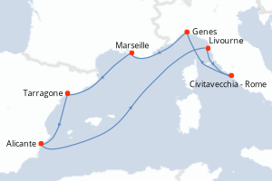 carte itinéraire croisière Méditerranée 7 jours au départ du port de Tarragone