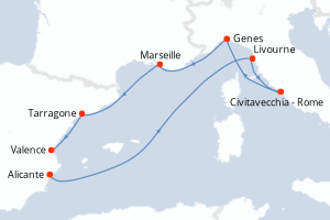 Carte de l'itinéraire de croisière Alicante-Valence d'une durée de 7 jours