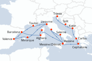 carte itinéraire croisière Sicile 21 jours au départ du port de Barcelone