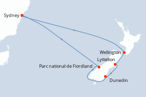 Carte de l'itinéraire de croisière Sydney-Sydney d'une durée de 10 jours