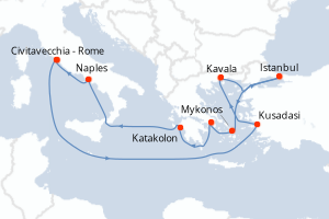 Carte de l'itinéraire de croisière Civitavecchia - Rome-Civitavecchia - Rome d'une durée de 12 jours