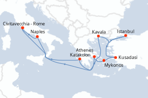 Carte de l'itinéraire de croisière Civitavecchia - Rome-Civitavecchia - Rome d'une durée de 12 jours