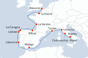 carte itinéraire croisière Méditerranée 15 jours au départ du port de Douvres