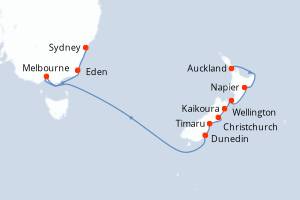 Carte de l'itinéraire de croisière Auckland-Sydney d'une durée de 15 jours