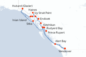 Carte de l'itinéraire de croisière Vancouver-Vancouver d'une durée de 14 jours