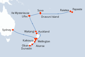 Carte de l'itinéraire de croisière Papeete-Sydney d'une durée de 30 jours