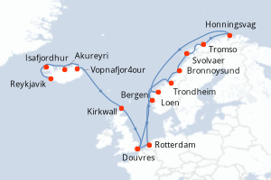 carte itinéraire croisière Fjörds norvégiens 21 jours au départ du port de Reykjavik