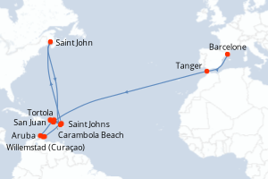 carte itinéraire croisière Transatlantique 26 jours au départ du port de Barcelone
