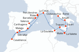 carte itinéraire croisière Sicile 20 jours au départ du port de Civitavecchia - Rome