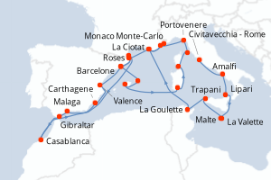 carte itinéraire croisière Sicile 30 jours au départ du port de Civitavecchia - Rome