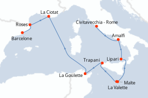 carte itinéraire croisière Sicile 10 jours au départ du port de Civitavecchia - Rome