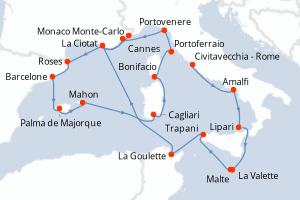 carte itinéraire croisière Sicile 20 jours au départ du port de Civitavecchia - Rome