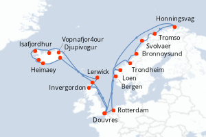 carte itinéraire croisière Fjörds norvégiens 28 jours au départ du port de Douvres