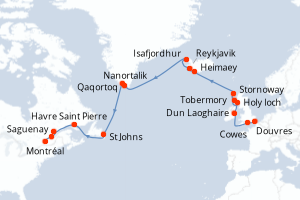 Carte de l'itinéraire de croisière Douvres-Montréal d'une durée de 24 jours