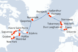 carte itinéraire croisière Transatlantique 36 jours au départ du port de Douvres