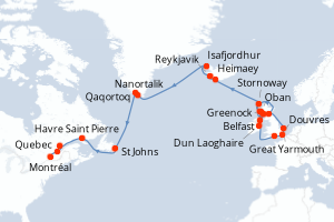carte itinéraire croisière Amérique du Nord 31 jours au départ du port de Greenock