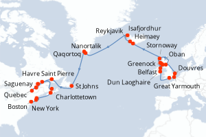 carte itinéraire croisière Transatlantique 43 jours au départ du port de Greenock