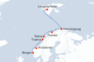 carte itinéraire croisière Spitzberg 7 jours au départ du port de Bergen