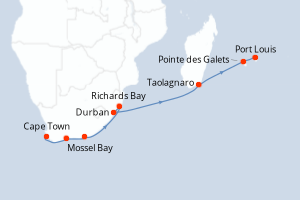 Carte de l'itinéraire de croisière Cape Town-Port Louis d'une durée de 15 jours