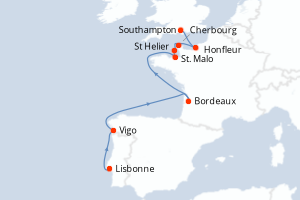 carte itinéraire croisière Europe du Nord 10 jours au départ du port de Lisbonne