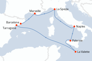 carte itinéraire croisière Sicile 7 jours au départ du port de Barcelone